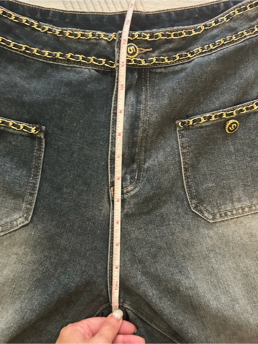 CHANEL Dark Blue Denim Jeans with Gold Chain Trim